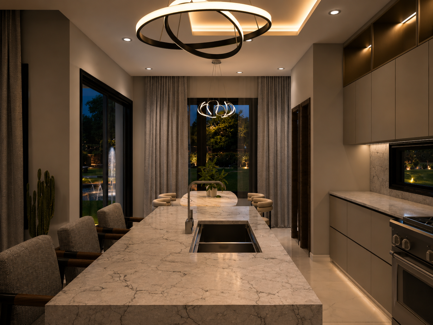 The Meridian condo kitchen and breakfast bar, night